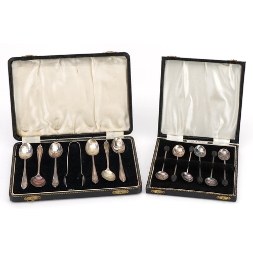 516A - Set of six silver teaspoons and matching sugar tongs and a set of six silver coffee bean spoons, eac... 