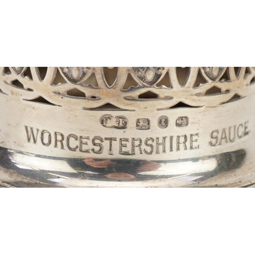 268 - Deakin & Francis Ltd, Victorian silver Worcestershire Sauce bottle stand with pierced decoration, Bi... 