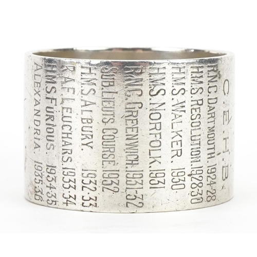 1729 - Naval interest circular silver napkin ring engraved C.E.H.B with a list of ships served on 1928-1936... 