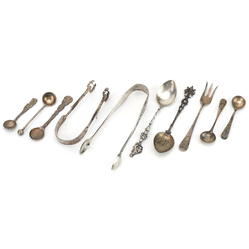 512 - Victorian and later silver and white metal cutlery including a pair of scorpion design sugar nips, m... 