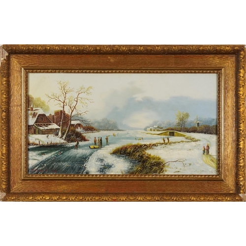 70 - Dutch winter landscape with figures skating on a lake, oil on board, mounted and framed, 54cm x 29cm... 