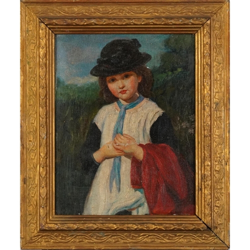 248 - Half length portrait of a young girl wearing Edwardian dress, oil on board, indistinctly inscribed v... 