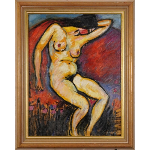 317 - Full length portrait of a nude female, oil on board, mounted, framed and glazed, 49.5cm x 39cm exclu... 