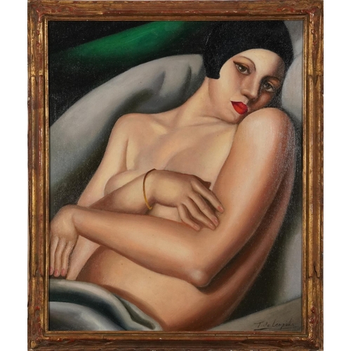 377 - Manner of Tamara de Lempicka - Semi nude Art Deco female, Polish school oil on board, mounted and fr... 