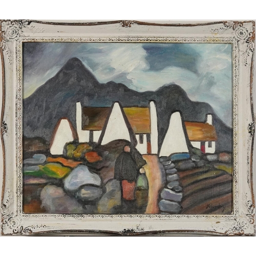 400 - Manner of Markey Robinson - Mountainous landscape with figures before a cottage, Irish school oil on... 