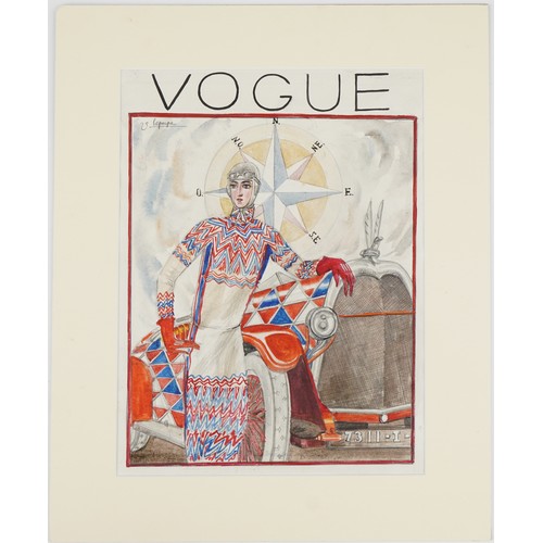 195 - Georges Lepape - Vogue front cover, Sonia Delaunay before a classic car and compass, French watercol... 