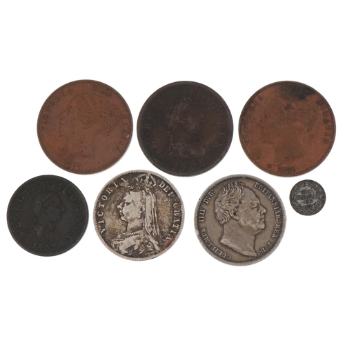 544 - George III and later British coinage comprising 1806 penny, 1807 half penny, 1836 half crown, 1891 h... 