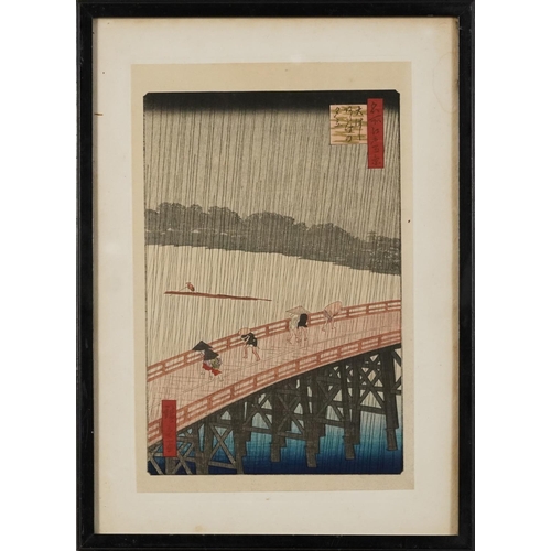 49 - Hiroshige Ando - Sudden Shower Over Shin-Ohashi Bridge and Atake, Japanese woodblock print in colour... 