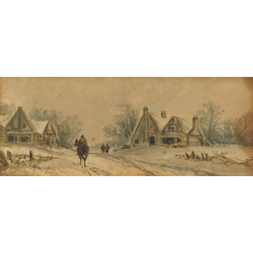 1790 - Campbell - Winter landscape with horse and figures before cottages, 19th century watercolour, inscri... 