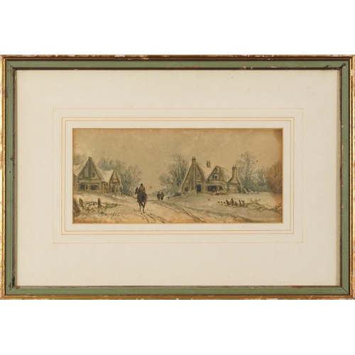 1790 - Campbell - Winter landscape with horse and figures before cottages, 19th century watercolour, inscri... 