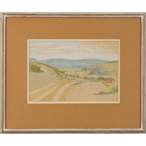 1789 - Greta Ward - View Across the Valley, 20th century watercolour, The Beaufort Gallery, London label ve... 