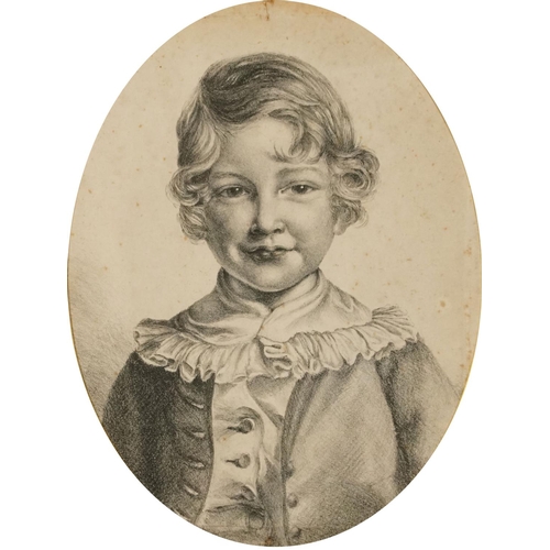 376 - Head and shoulders portrait of a young child, 19th century oval charcoal, various indistinct inscrip... 