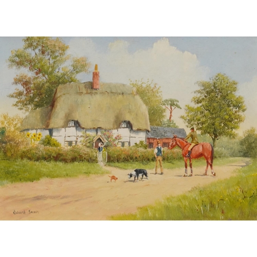 397 - Richard Rhead Simm - Figures and a horse before a thatched cottage, oil on board, Cotswold Galleries... 