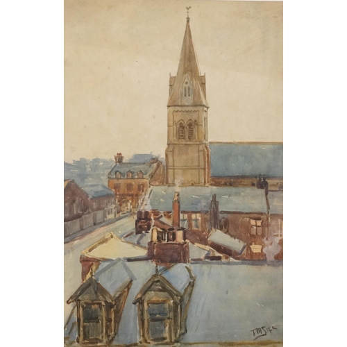 1519 - Town scene with church spire, Modern British watercolour, indistinctly signed, possibly T M Sig...?,... 