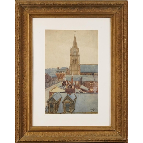 1519 - Town scene with church spire, Modern British watercolour, indistinctly signed, possibly T M Sig...?,... 