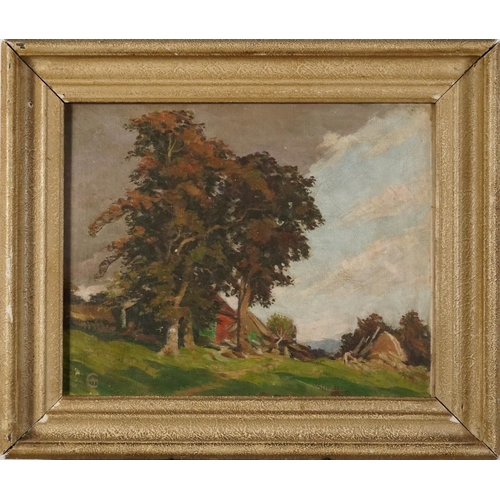 116 - Rural landscape with cottages and hayricks, 20th century oil on canvas, indistinctly monogrammed, va... 