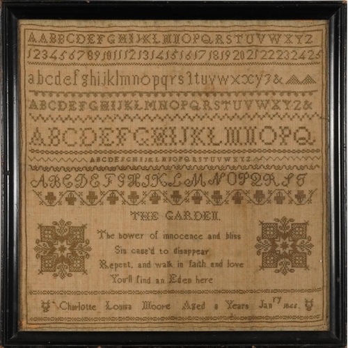 87 - Mid 19th century needlework sampler with embroidered alphabet and verse worked by Charlotte Louisa M... 