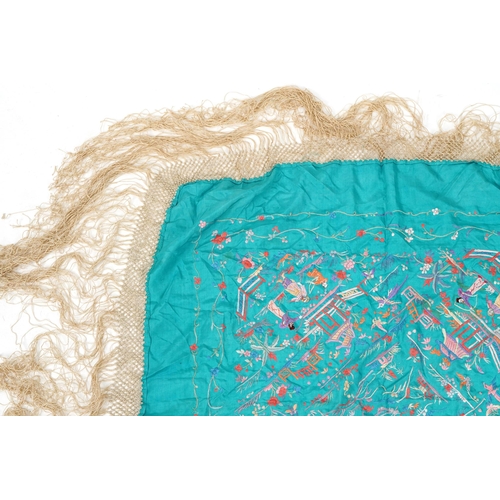 205 - Chinese silk piano shawl embroidered with pagodas, figures and flowers, 120cm x 100cm