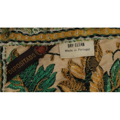 206 - Portuguese green and gold brocade floral textile, possibly a table cover with Depositado label, 225c... 