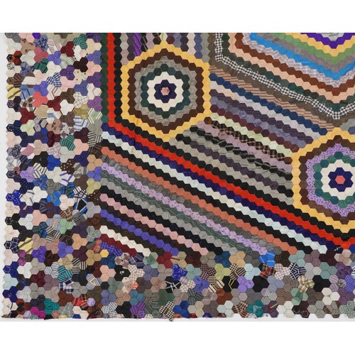 203 - Victorian hexagonal silk patchwork quilt, 177cm x 163cm