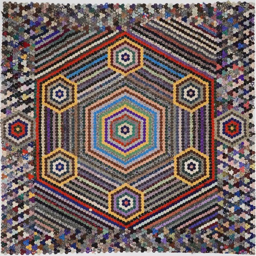 203 - Victorian hexagonal silk patchwork quilt, 177cm x 163cm