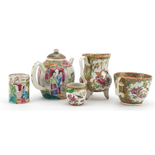 215 - Chinese Canton porcelain including a teapot and three footed jug, each hand painted in the famille r... 