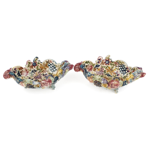 340 - Zsolnay Pecs, pair of Hungarian piece shell shaped baskets hand painted with flowers, each stamped F... 