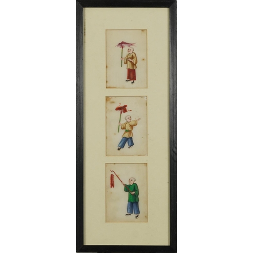 52 - Children playing, set of six Chinese pith paper paintings, mounted, framed and glazed as two, each p... 