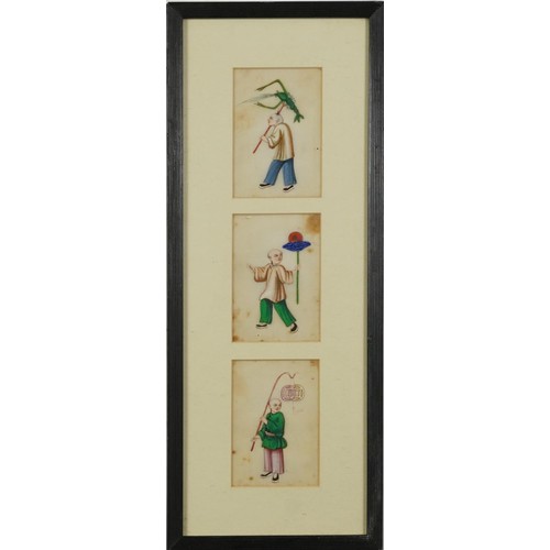 52 - Children playing, set of six Chinese pith paper paintings, mounted, framed and glazed as two, each p... 
