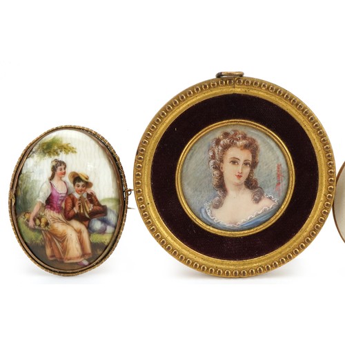 306 - Three circular portrait miniatures including a hand painted example of a female together with a Limo... 