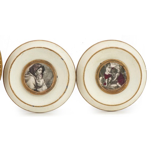 306 - Three circular portrait miniatures including a hand painted example of a female together with a Limo... 