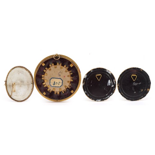 306 - Three circular portrait miniatures including a hand painted example of a female together with a Limo... 