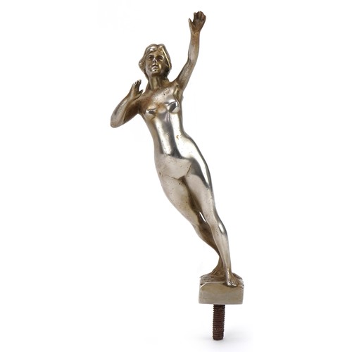 409 - Art Deco silvered car mascot in the form of a nude female, 20.5cm high