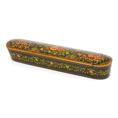 179 - Persian lacquered pen box hand painted with flowers, 27cm wide