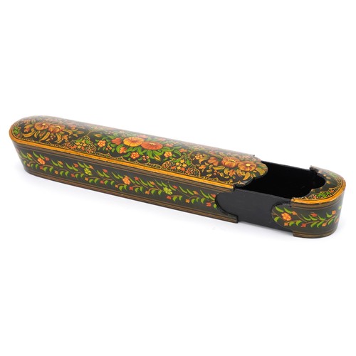 179 - Persian lacquered pen box hand painted with flowers, 27cm wide