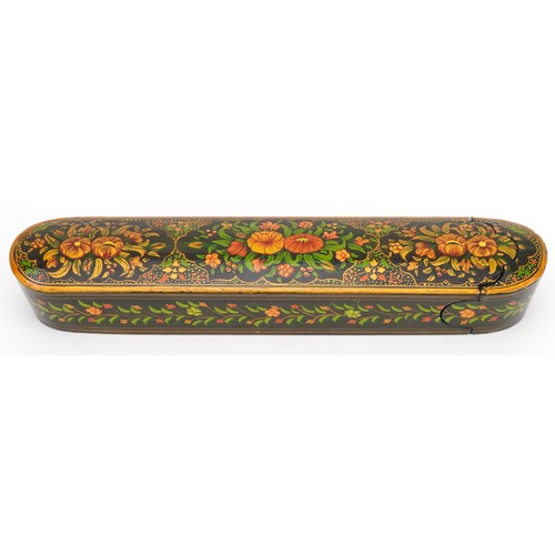 179 - Persian lacquered pen box hand painted with flowers, 27cm wide