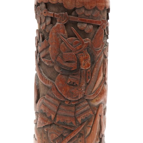 281 - Large Chinese bamboo stick stand carved with a warrior on horseback, 55cm high