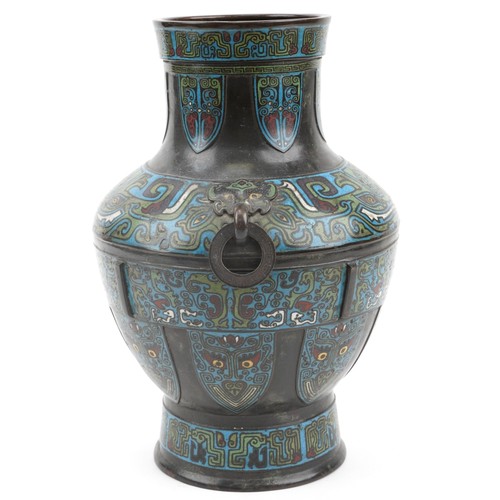 11 - Large Chinese patinated bronze cloisonne vase with ring turned animalia handles enamelled with mythi... 