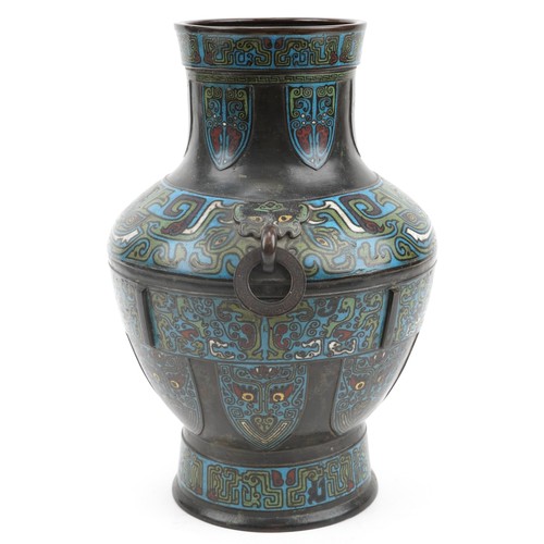 11 - Large Chinese patinated bronze cloisonne vase with ring turned animalia handles enamelled with mythi... 