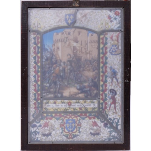 25 - Arts & Crafts Pre Raphaelite leaded stained glass panel hand painted with Joan of Arc, housed in an ... 