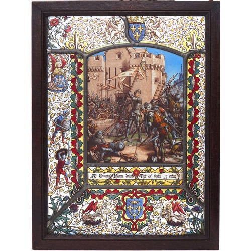 25 - Arts & Crafts Pre Raphaelite leaded stained glass panel hand painted with Joan of Arc, housed in an ... 