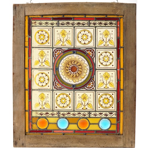26 - Arts & Crafts Pre Raphaelite leaded stained glass panel hand painted with stylised flowers housed in... 