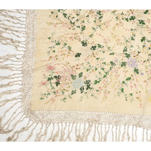 200 - Large vintage silk piano shawl with floral embroidery and knotted fringe, approximately 200cm x 150c... 