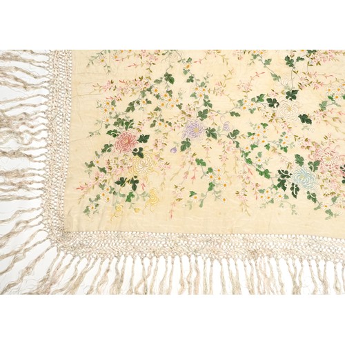 200 - Large vintage silk piano shawl with floral embroidery and knotted fringe, approximately 200cm x 150c... 