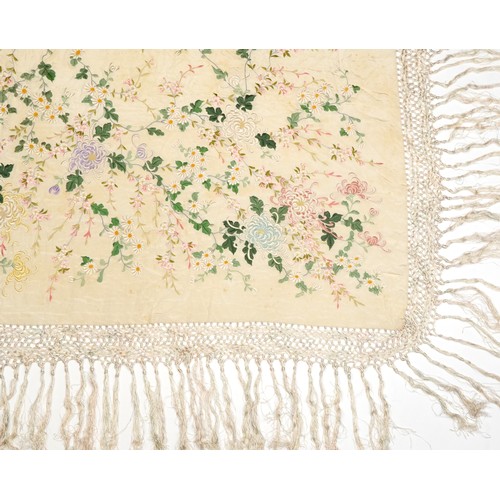 200 - Large vintage silk piano shawl with floral embroidery and knotted fringe, approximately 200cm x 150c... 