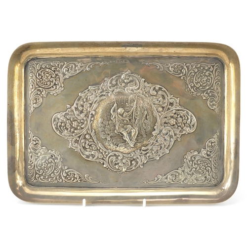 7 - Henry Matthews, Art Nouveau rectangular silver tray embossed with a courting couple on a swing, Birm... 