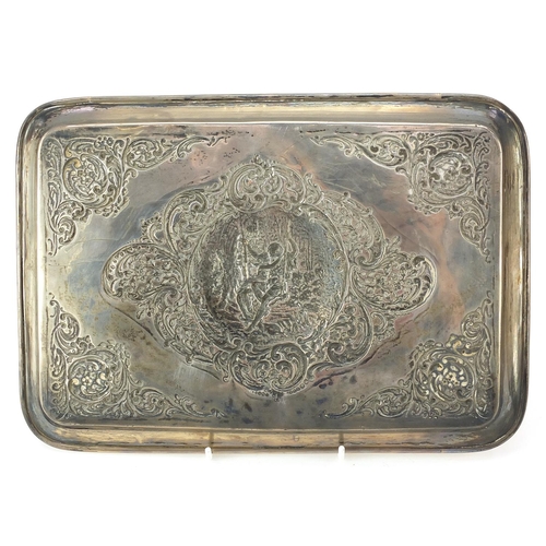 7 - Henry Matthews, Art Nouveau rectangular silver tray embossed with a courting couple on a swing, Birm... 