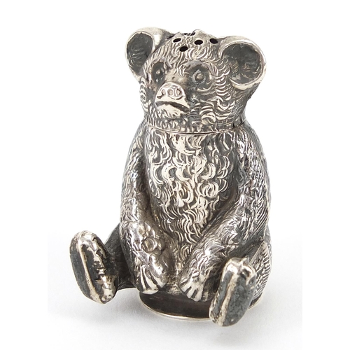 103 - Crisford & Norris Ltd, novelty Edwardian silver caster in the form of a seated bear, Birmingham 1909... 