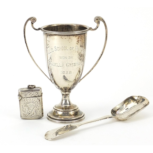 311 - Victorian and later silver objects comprising preserve spoon, trophy with twin handles and vesta, va... 