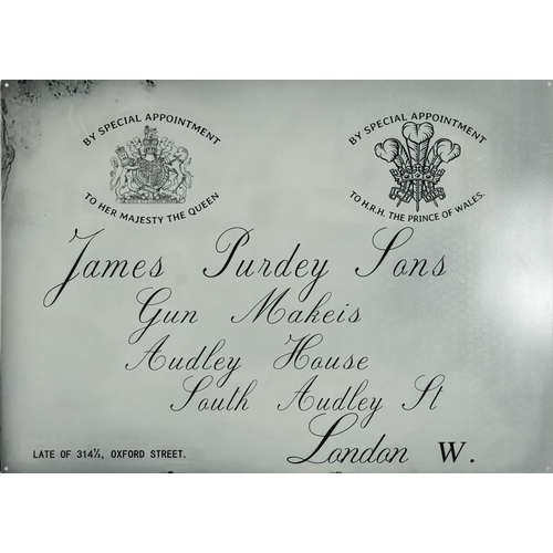 554 - Reproduction James Purdey & Sons tin advertising sign, 70cm x 50cm